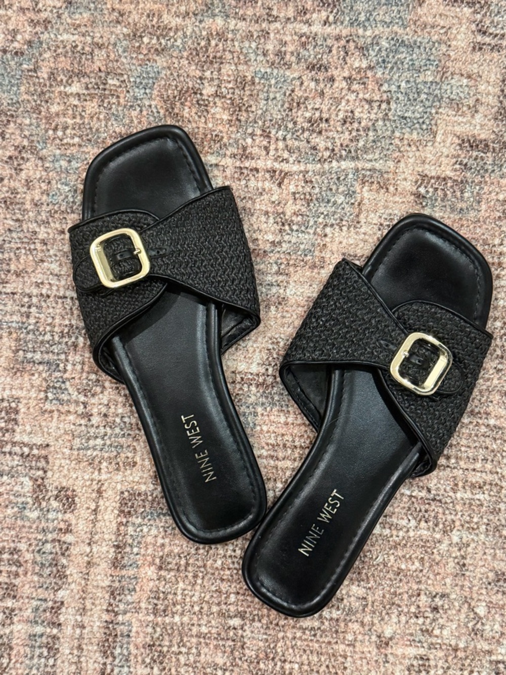 Nine West Black Slide Sandals with Gold Buckle Accent